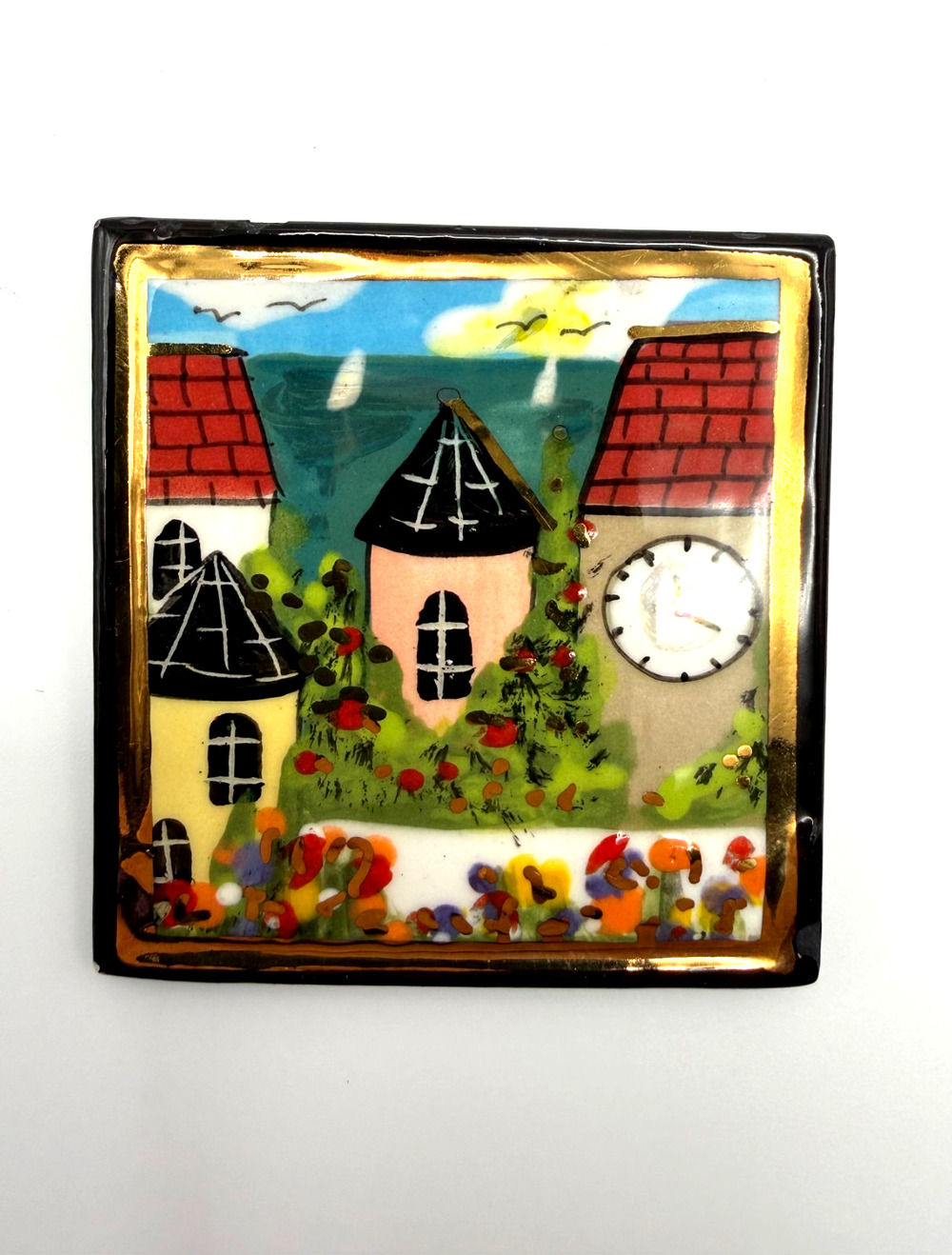Laura Mostaghel Hand Painted Square Brooch Pin Mediterranean Sea Town Scene READ
